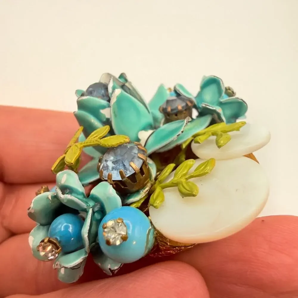 Vintage Enamel Flower Cluster Brooch Turquoise Blue Rhinestone MOP Pin